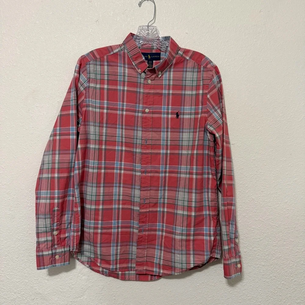 Ralph Lauren Shirt Boys Sz XL 18/20 Red Gray Plaid Long Sleeve Button Up